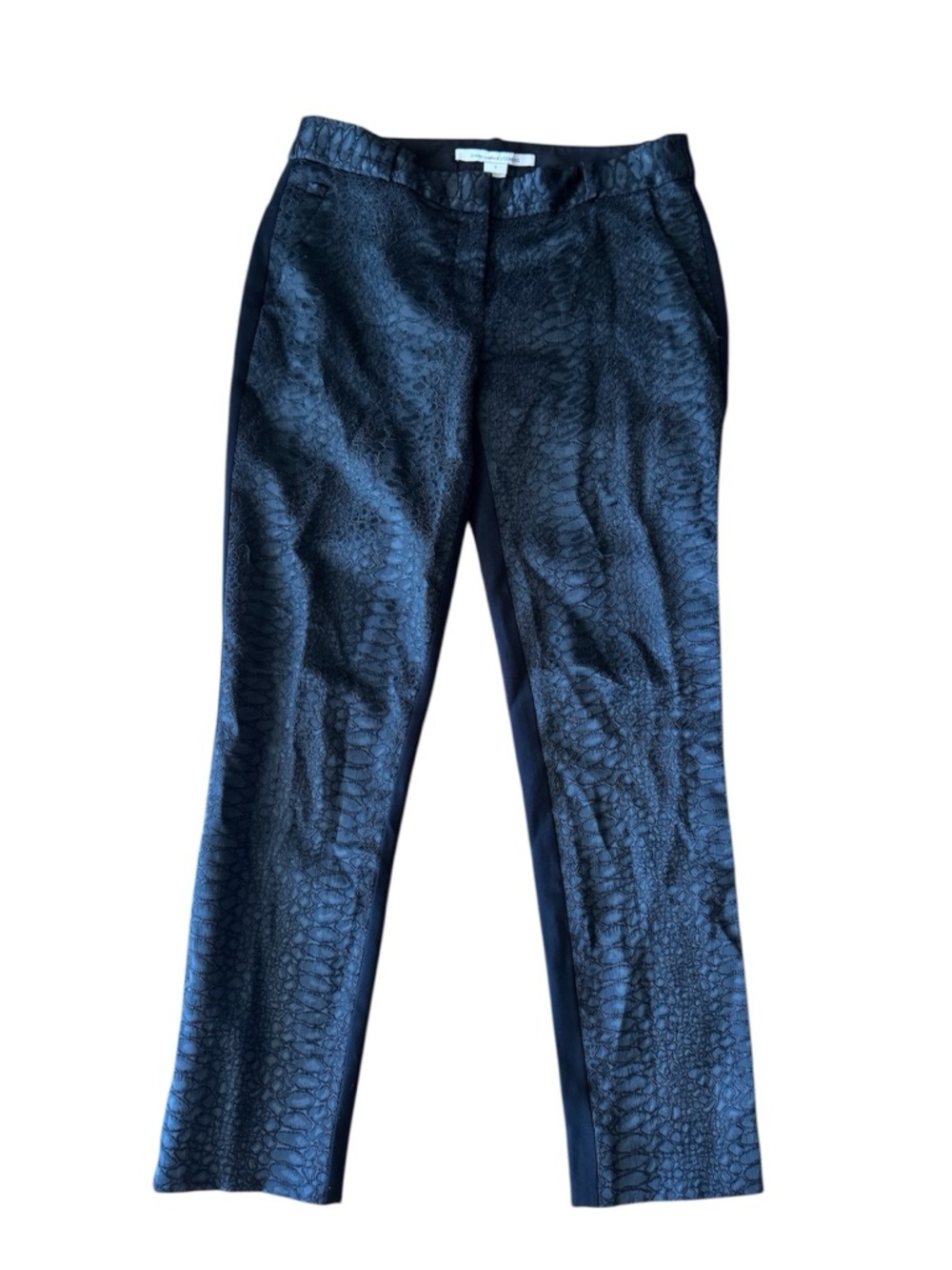 Diane Von Furstenberg Mary Faille Snake Croc Reptile Embossed Black Pants